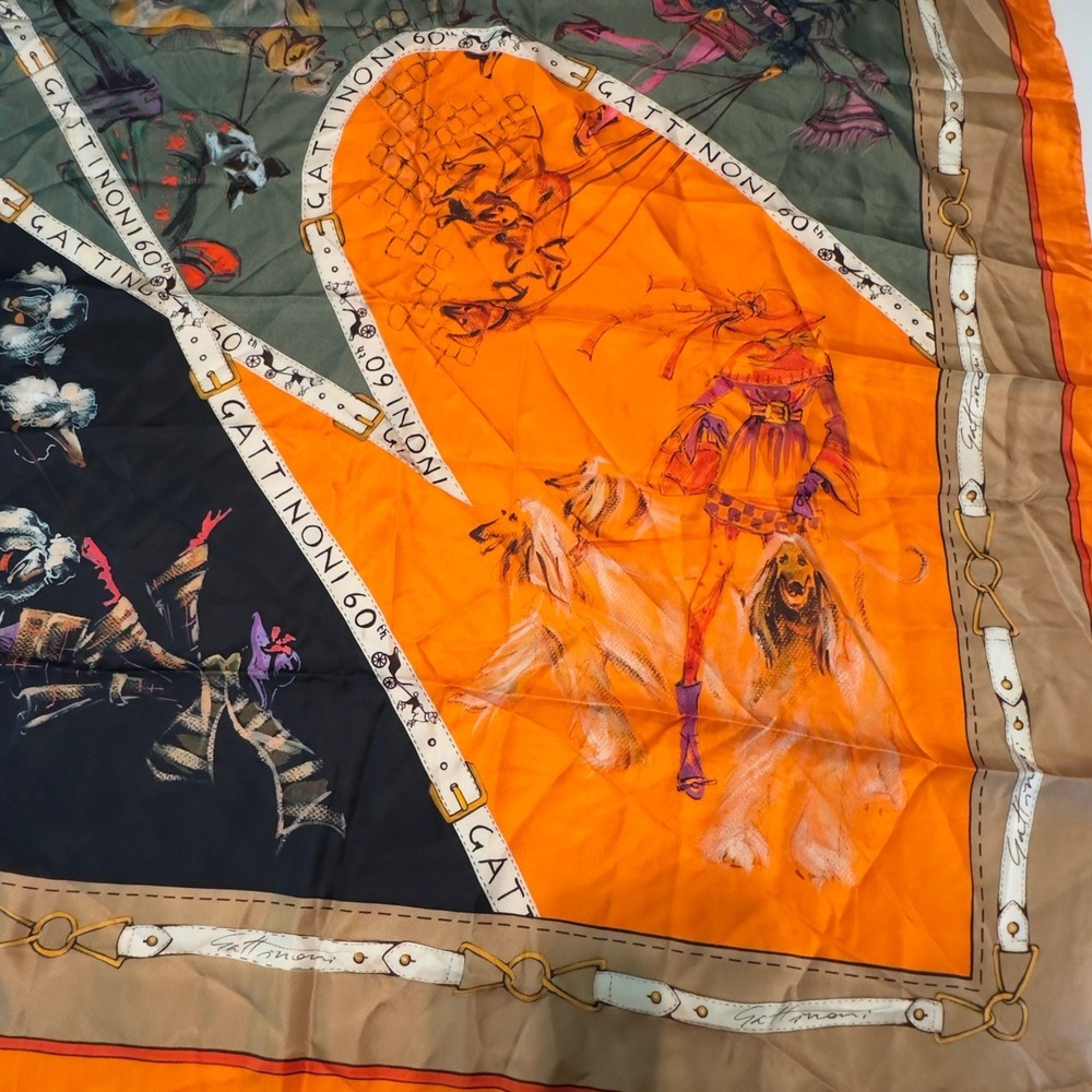 Gattinoni Roma 60th Anniversary Silk Scarf Made in Italy Orange Dog Print 35x36" - Picture 3 of 10